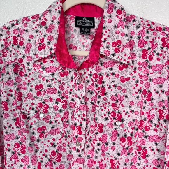 Angie Y2K Shirt Womens Large Cherry Floral Snap Button Western Boho Cotton Top - Picture 4 of 10